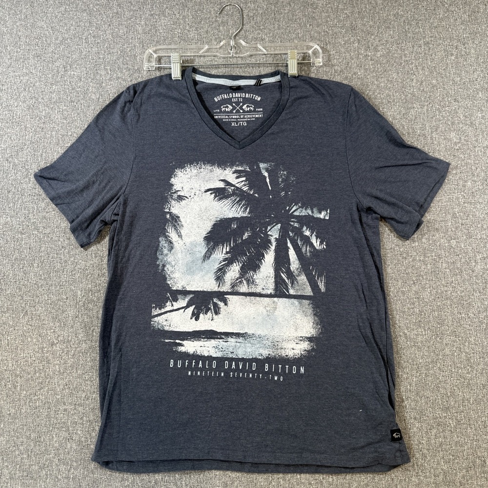 Buffalo David Bitton Palm‎ Tree Graphic T Shirt XL Blue V Neck Casual Tee